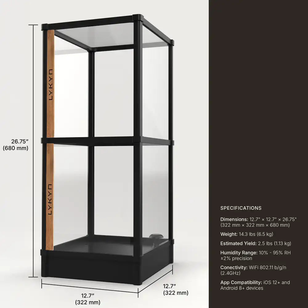 Lykyn double-tier mushroom grow box specification diagram with stack extension dimensions