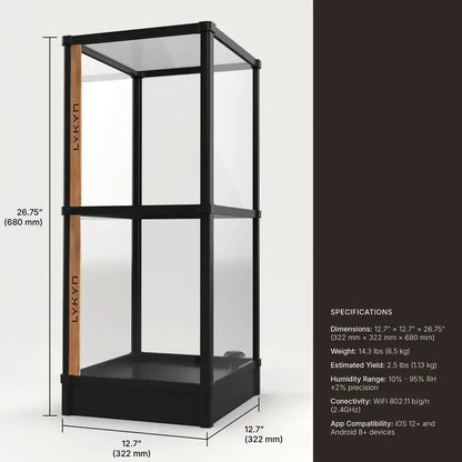 Lykyn double-tier mushroom grow box specification diagram with stack extension dimensions
