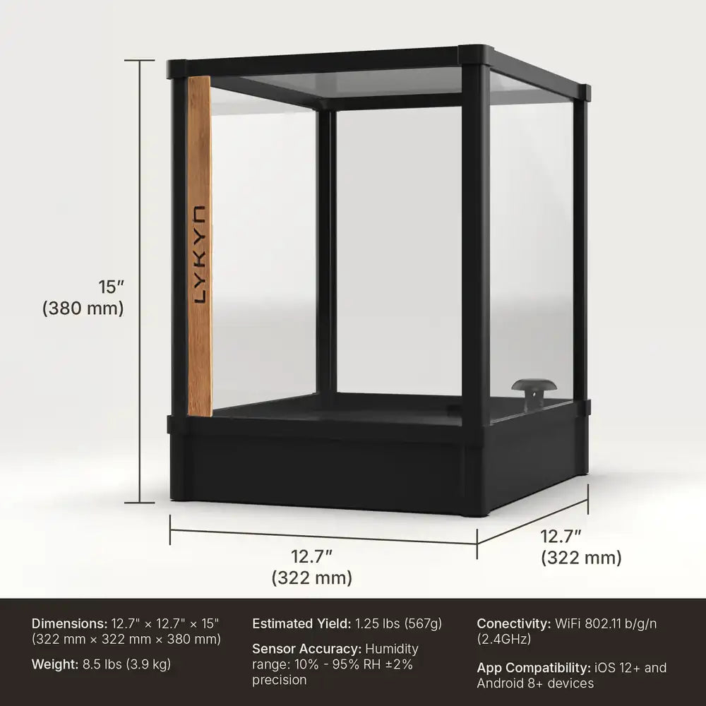 Lykyn single-tier mushroom grow box specification diagram with sliding door dimensions